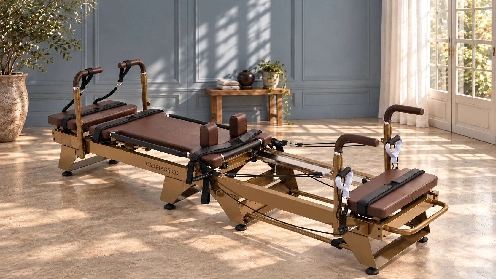 Two bronze and brown Carriage One reformers in a sunlit blue-paneled studio
