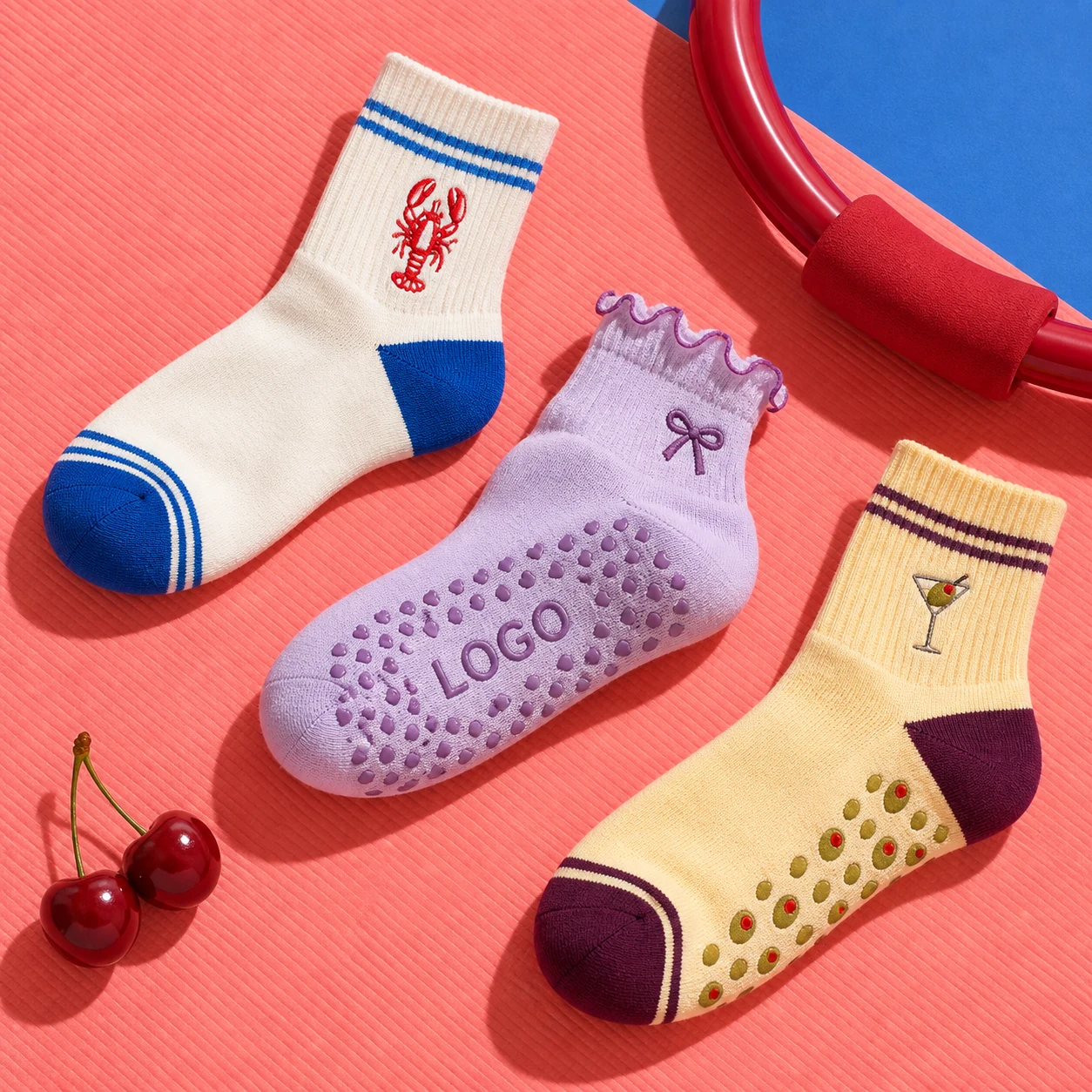 Lobster, bow, and martini custom Pilates grip sock directions