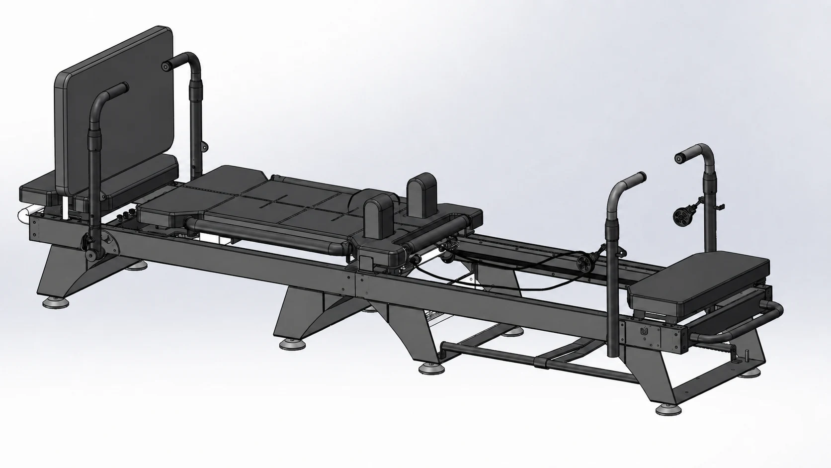Full black Carriage One side view showing the frame, carriage, platforms, rails, and raised handles