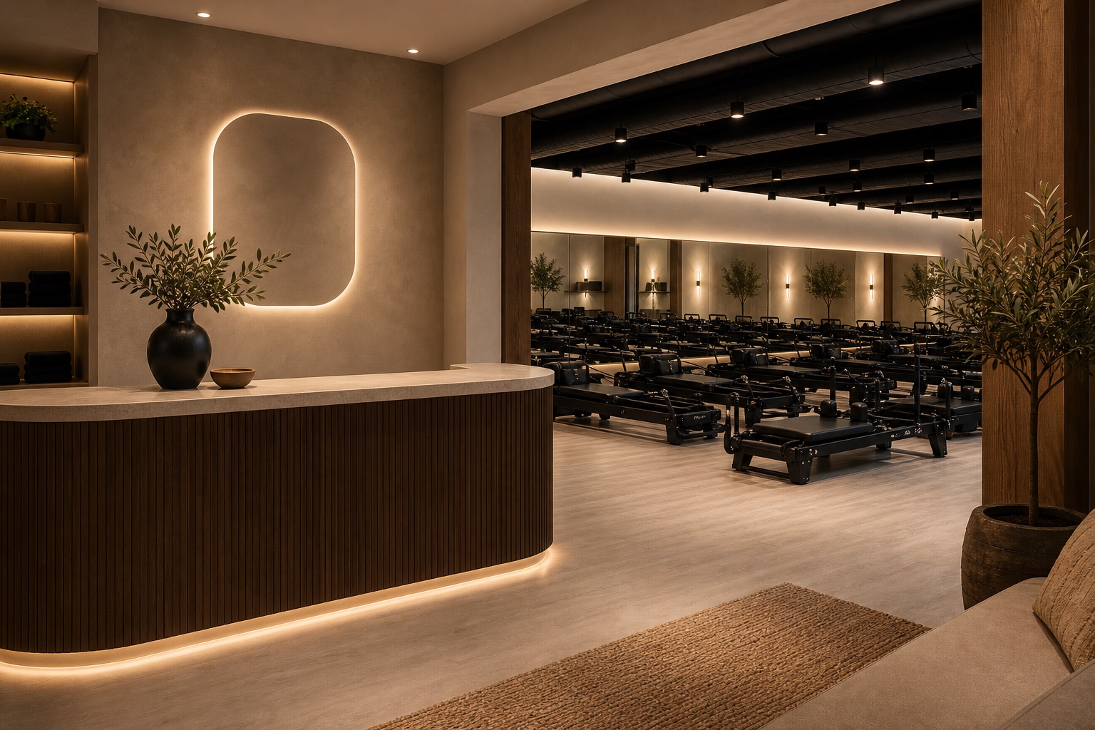 Premium boutique studio lobby opening into a reformer machine room