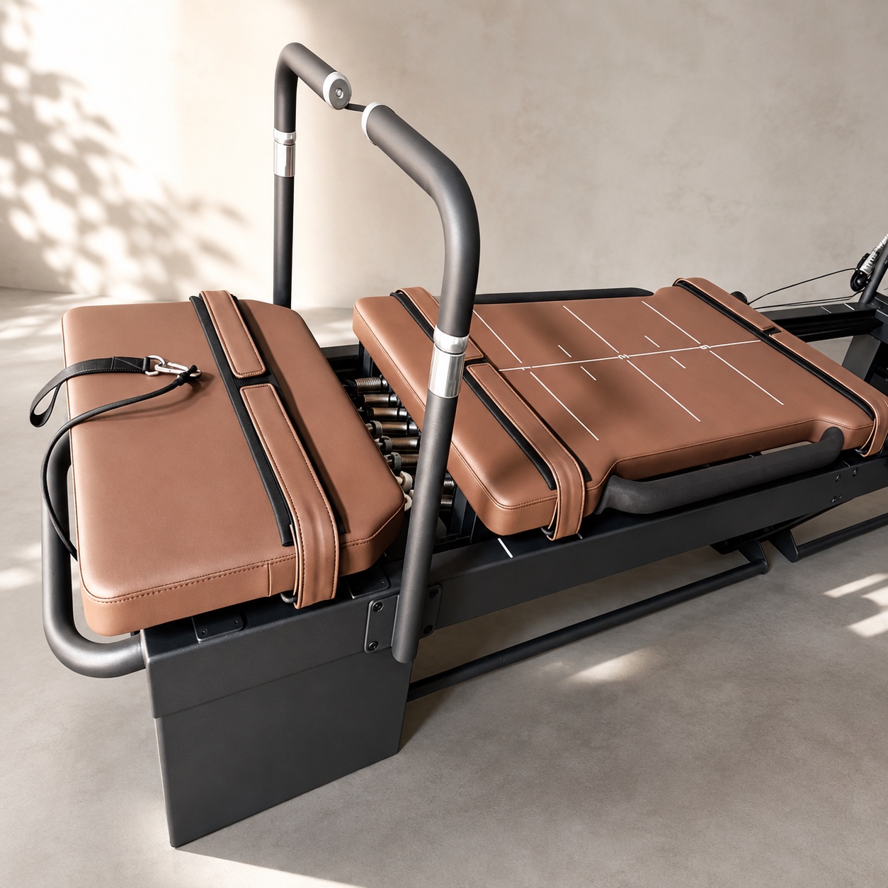 Brown-upholstered Carriage One in a sunlit studio
