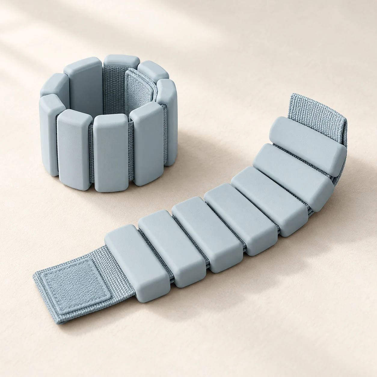 AI-generated concept of a matching segmented wearable-weight pair in porcelain blue, showing woven straps and rounded weight segments