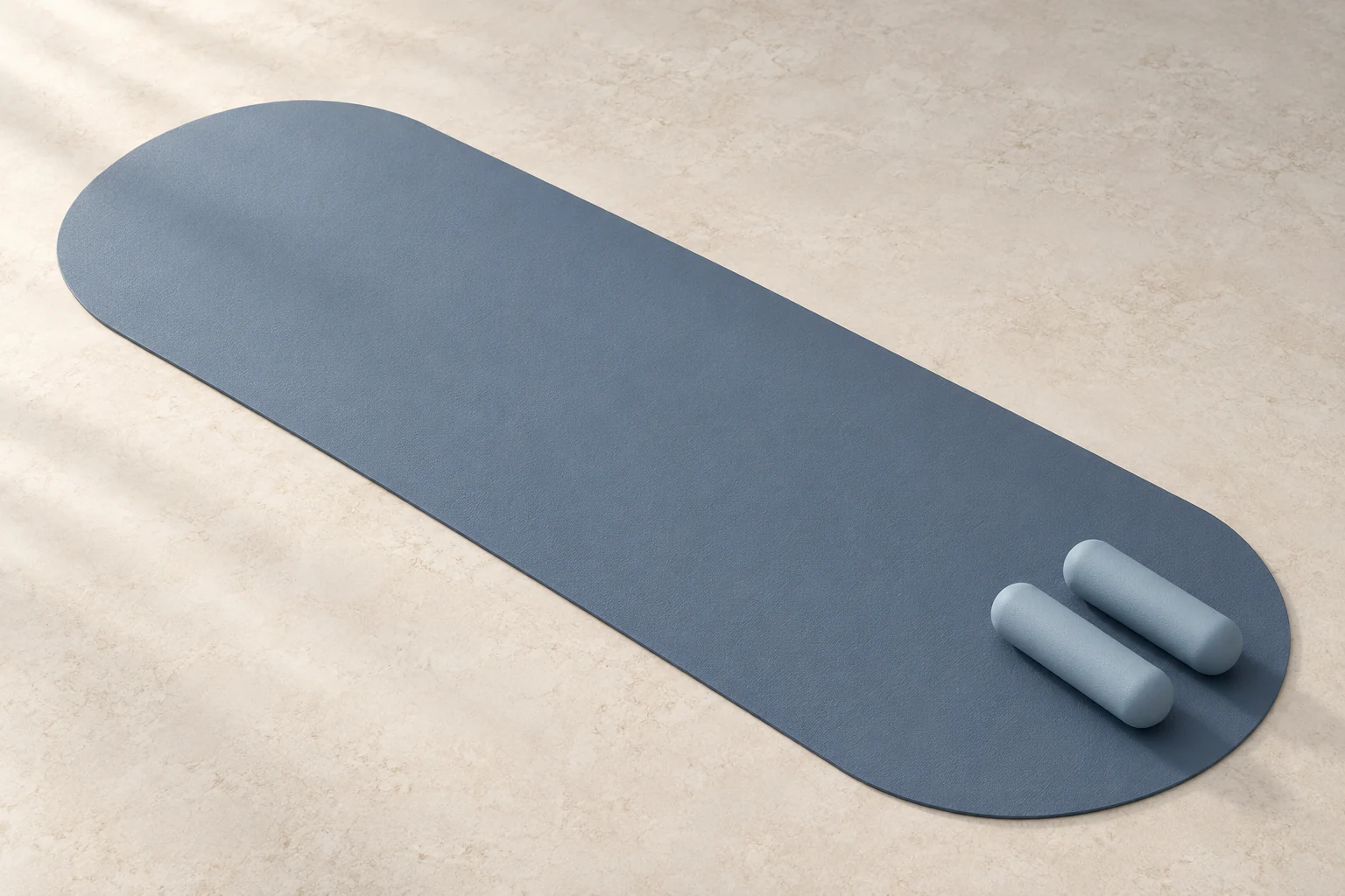 AI-generated editorial concept of a slate-blue semi-oval mat and matching straight capsule hand weights on an ivory surface