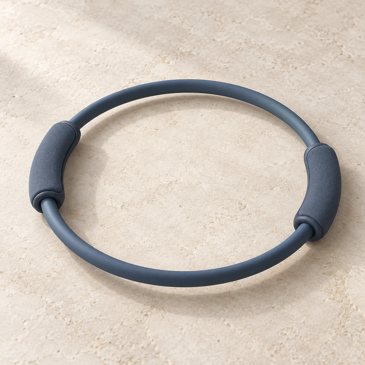 AI-generated Pilates resistance-circle concept with a slender loop and two opposing padded grip handles